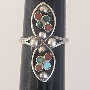 Unique Vintage Native American Sterling Silver Turquoise Coral Ring Sz 4.5